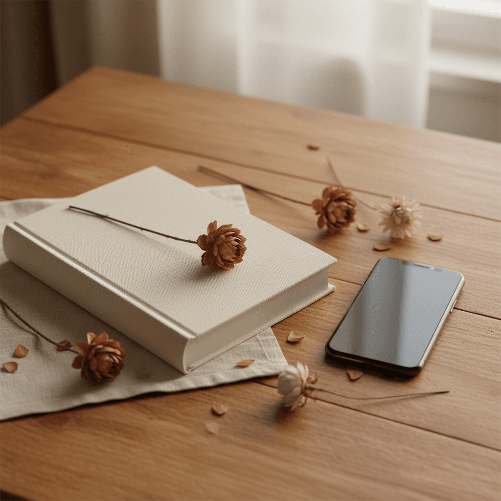 Livre relié posé sur une table en bois, lumière douce, ambiance éditoriale