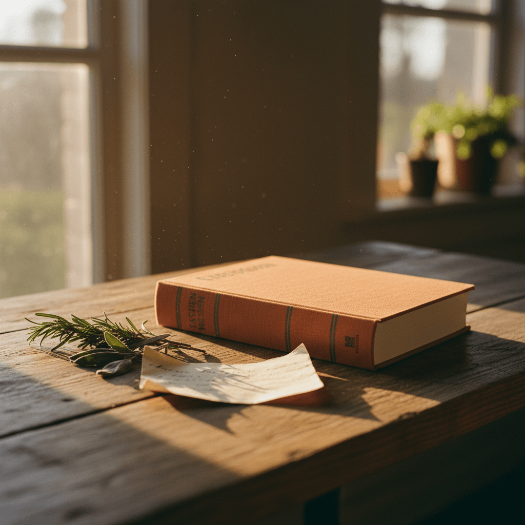 Livre relié posé sur une table en bois clair, page ouverte, lumière chaude