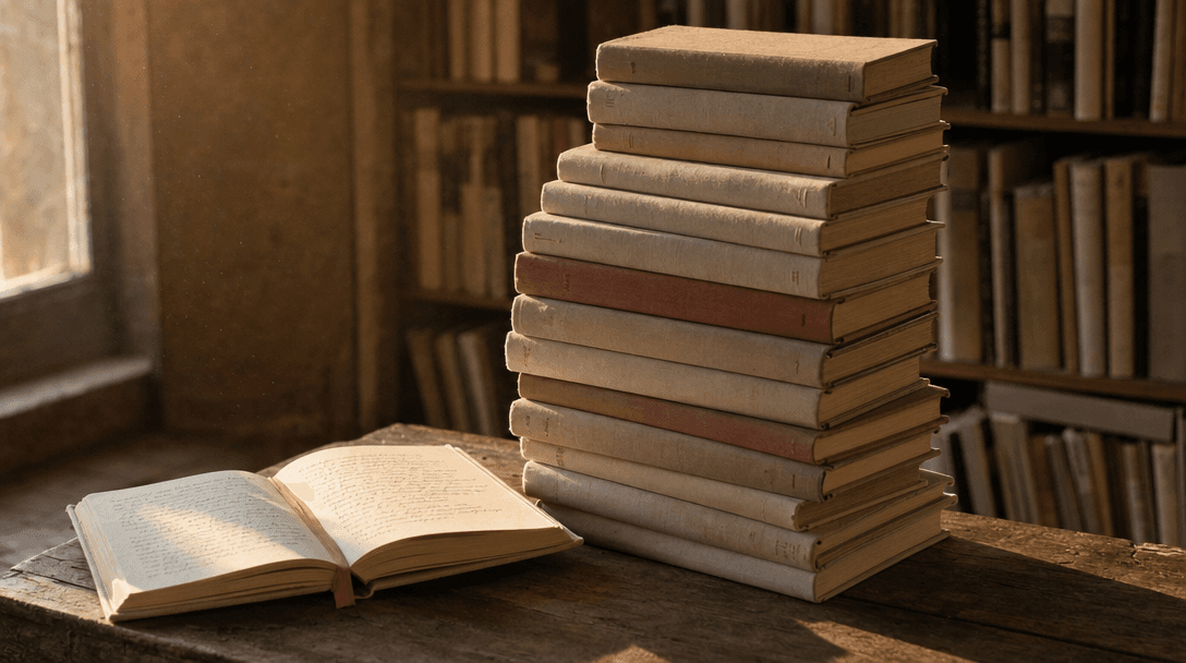 Cahier ouvert sur une table en bois clair, papier crème, ambiance feutrée