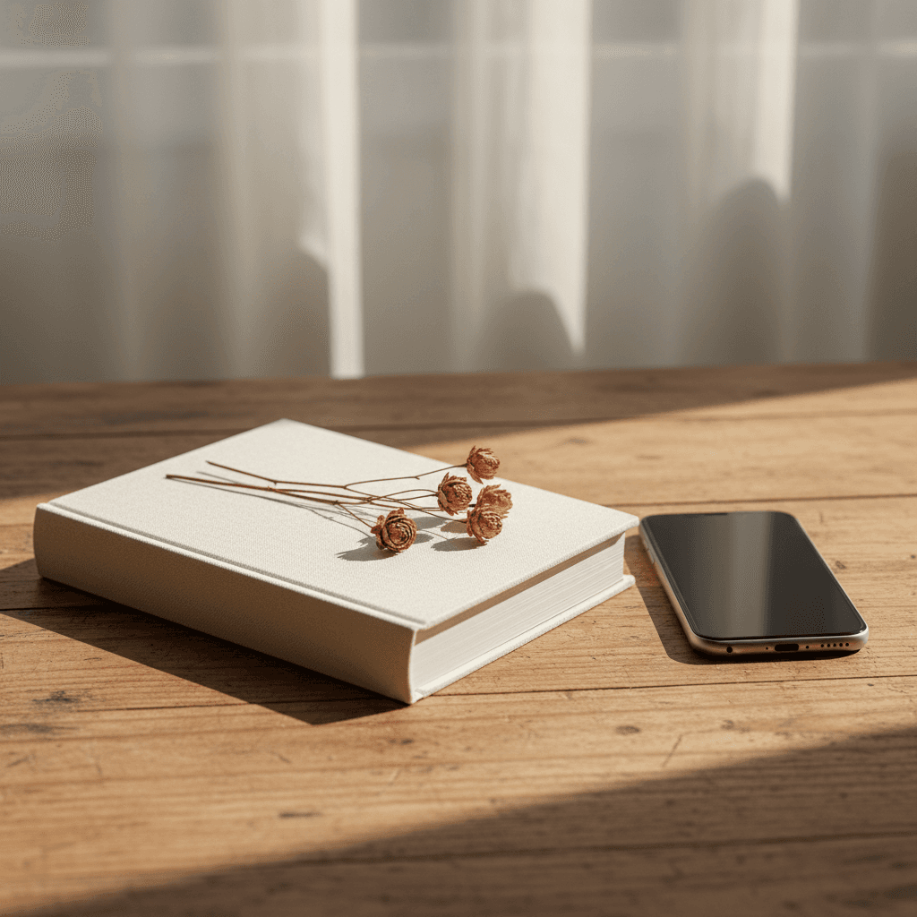Livre relié ouvert sur une table en bois clair, papier crème, ambiance feutrée