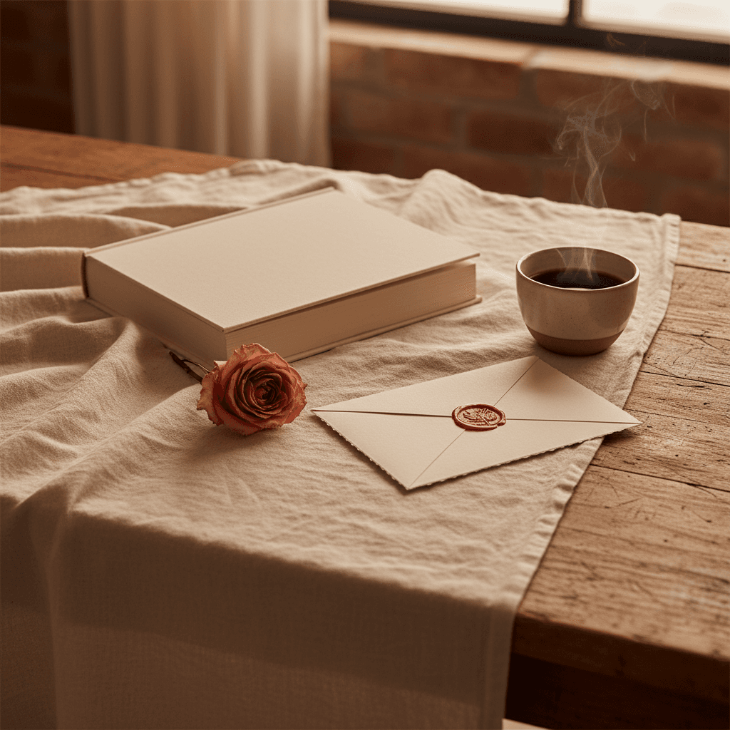 Livre relié crème sur nappe en lin froissé avec rose séchée et tasse de café — ambiance premier anniversaire de couple