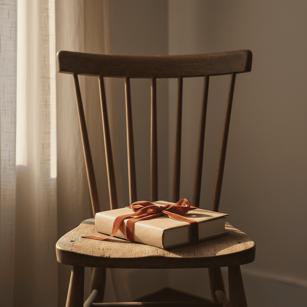 Livre emballé dans du papier kraft noué d'un ruban en velours terracotta sur chaise en bois — cadeau amoureux Foliry