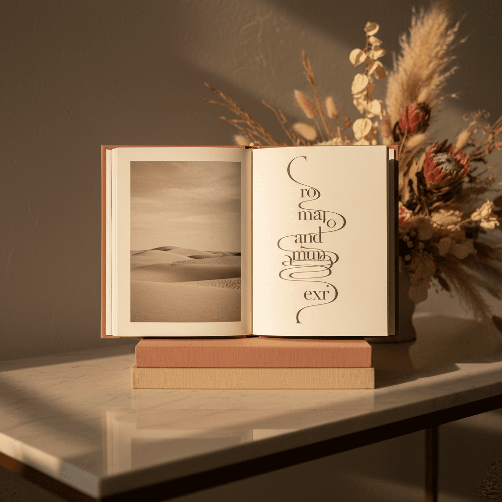 Pile de trois livres reliés sur console en marbre crème avec fleurs séchées en arrière-plan — livre photo histoire d'amour Foliry