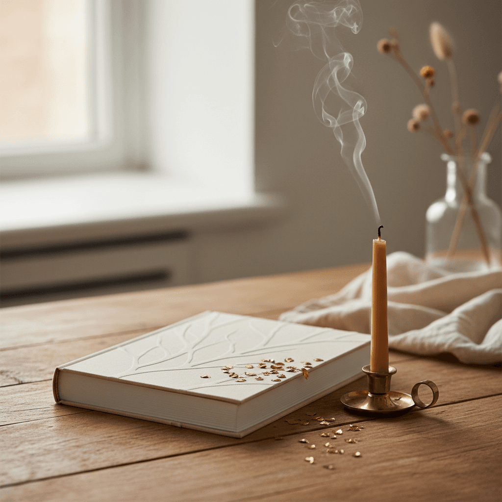 Livre relié à gaufrage discret sur table avec confettis dorés et bougie qui vient d'être soufflée — livre de messages d'anniversaire Foliry