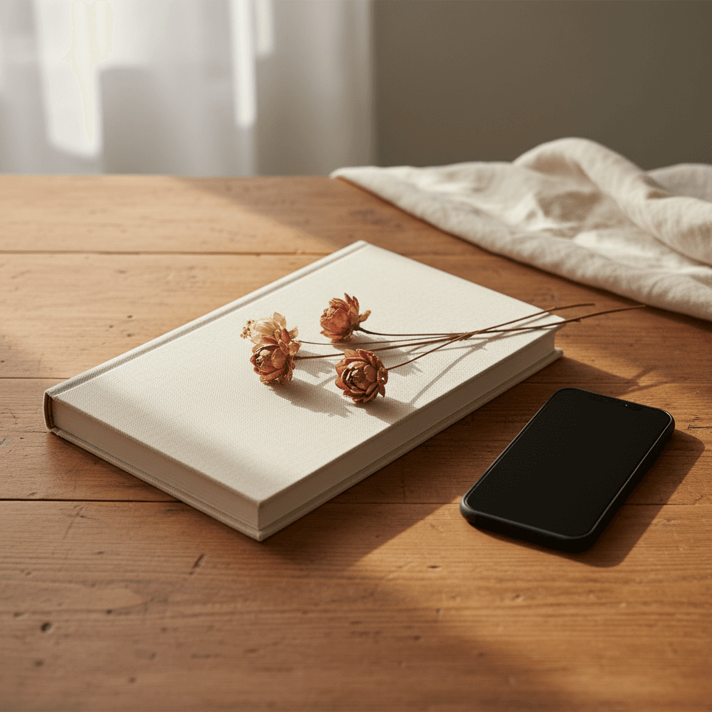 Livre relié posé sur une table en bois clair, lumière douce d'atelier