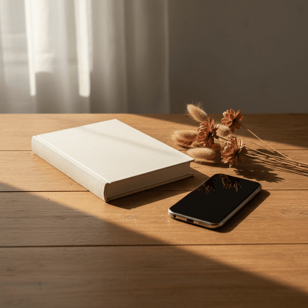 Livre relié posé sur une table en bois clair, papier crème, encre noire, ambiance feutrée