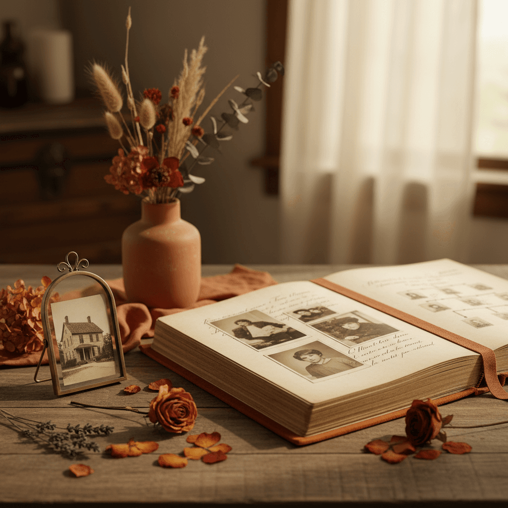 Famille réunie autour d'un album photo sur la table du salon — transmission de la mémoire familiale