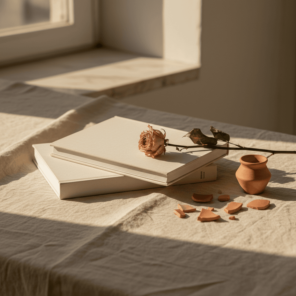 Livre fermé sur une table en bois clair, papier crème, ambiance feutrée