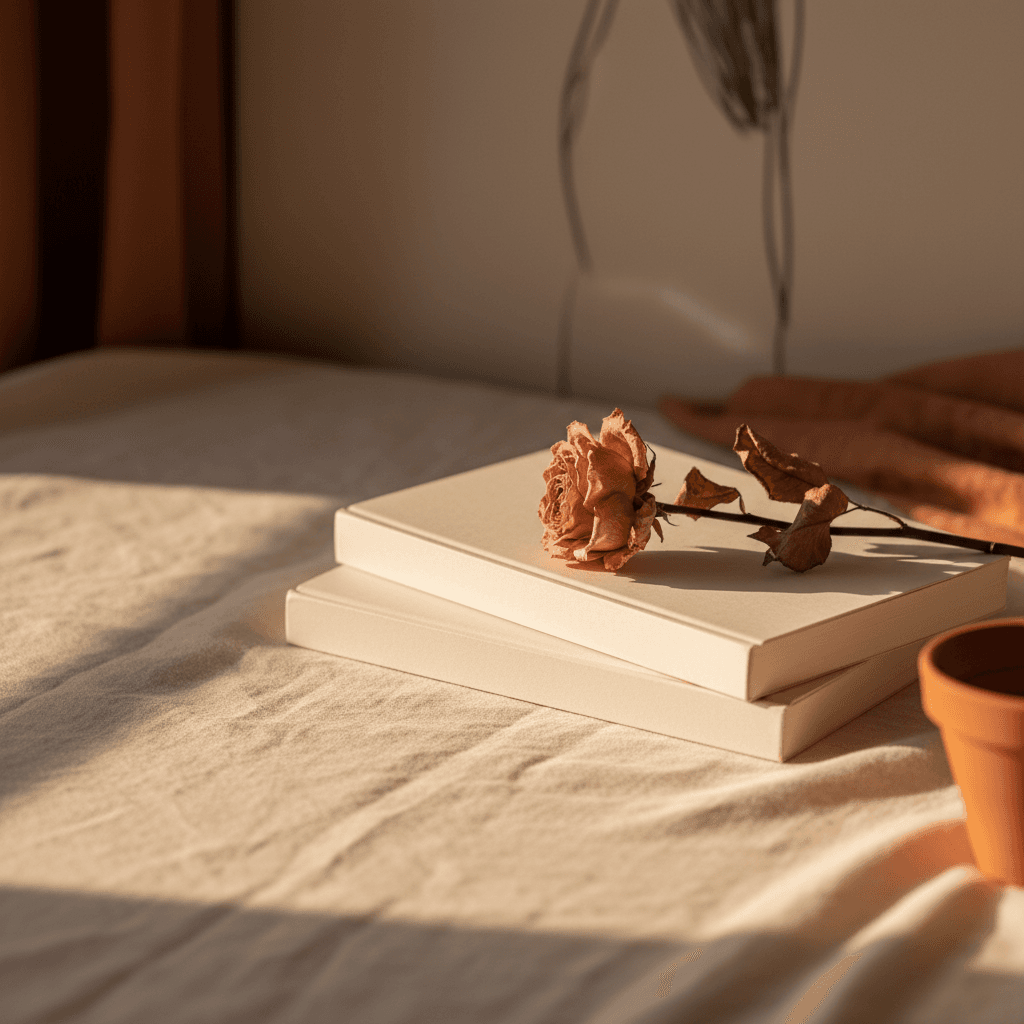 Carnet ouvert sur une table en bois, encre noire, lumière douce de fin de journée