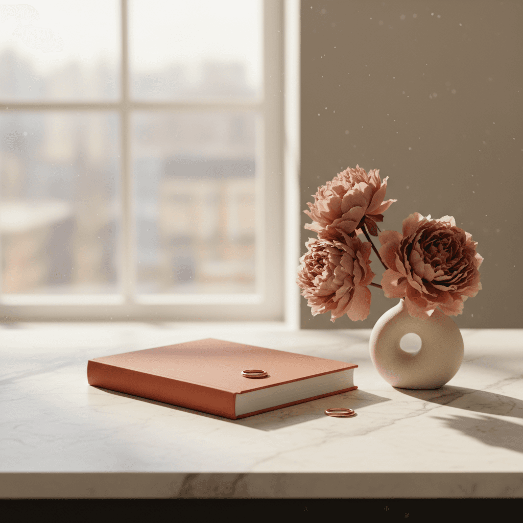 Deux alliances posées sur une surface claire, fleurs blanches en arrière-plan, lumière douce