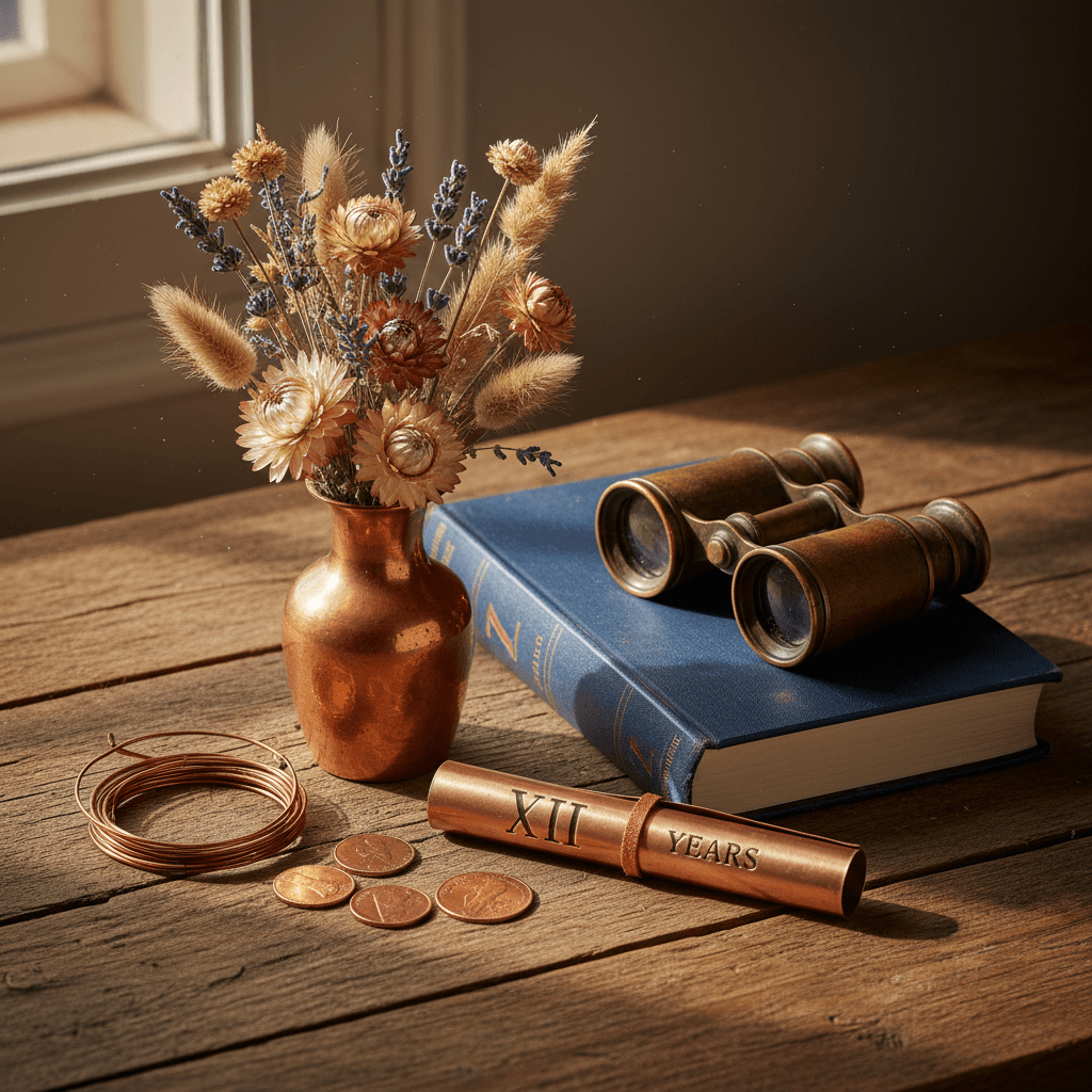 Détail d'un bracelet en cuivre patiné posé sur une surface en bois, lumière dorée — symbolique des noces de cuivre