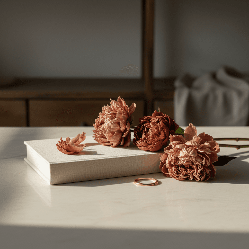 Tissu de lin naturel texturé avec un bouquet de fleurs séchées et deux alliances posées dessus