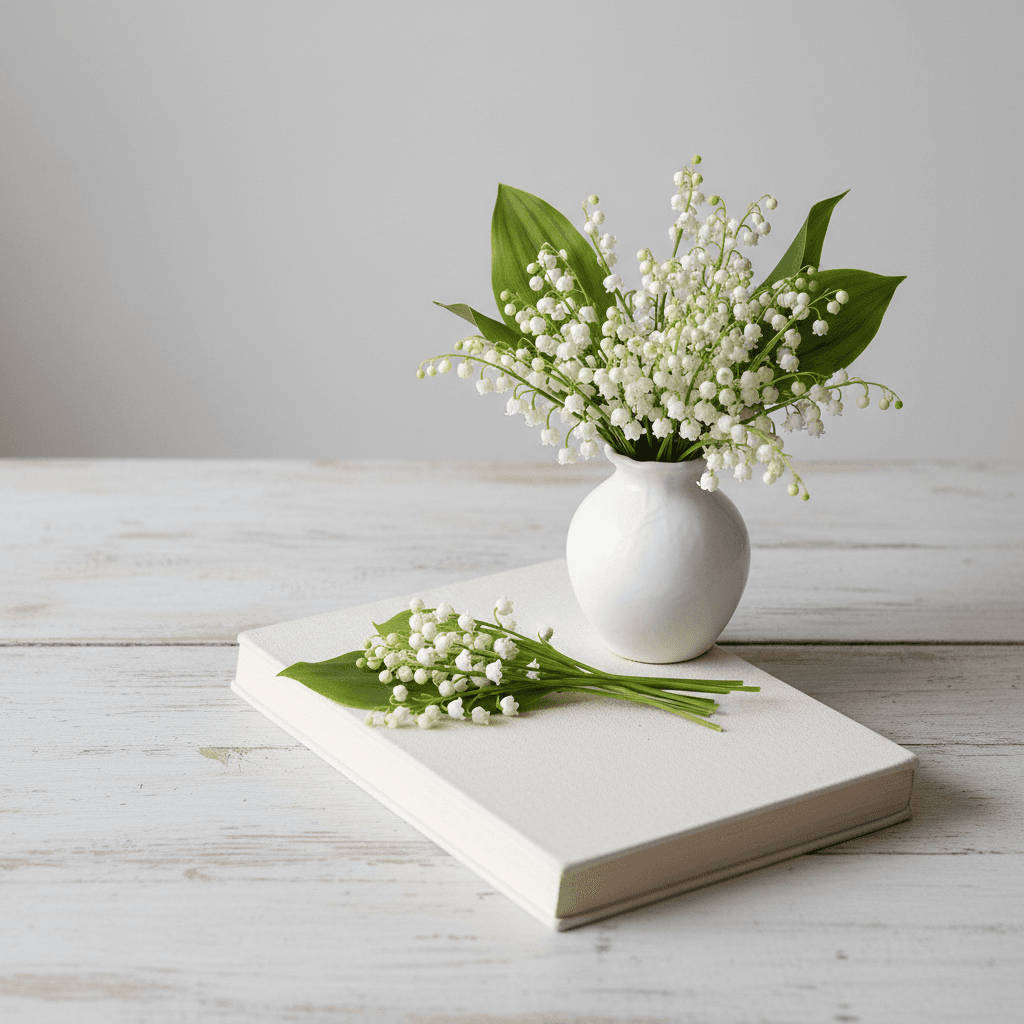 Brins de muguet posés à côté d’un livre relié crème, lumière de printemps