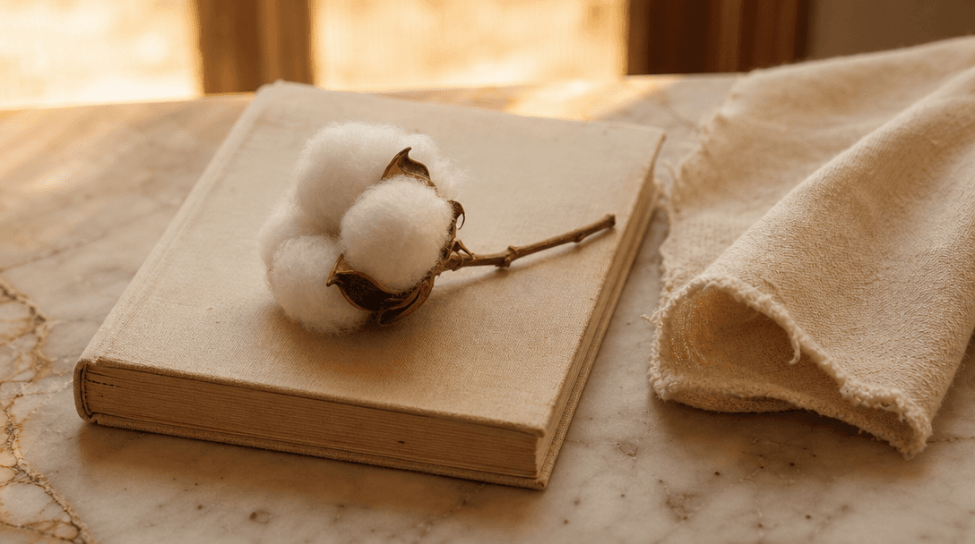 Cahier ouvert sur une table en bois clair, papier crème, ambiance feutrée