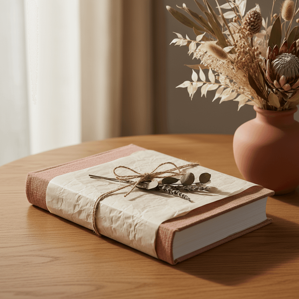 Livre partiellement emballé dans du papier kraft crème noué d’une ficelle, lumière chaude