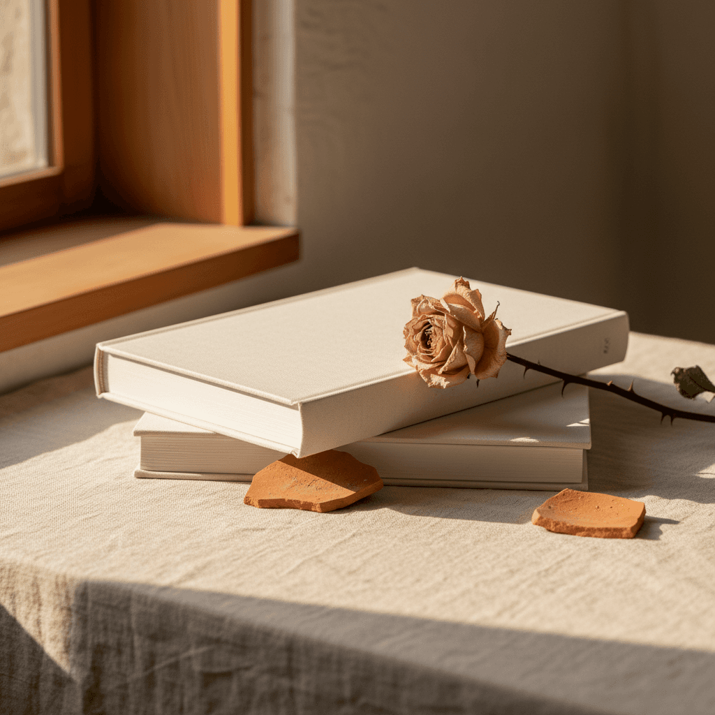 Téléphone éteint posé sur une table en bois à côté d'un livre relié ouvert, lumière chaude du matin