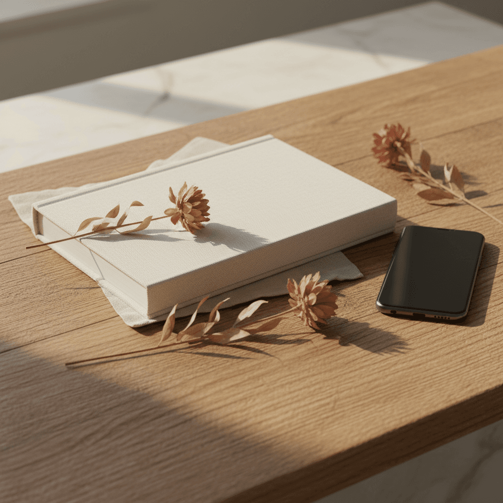 Smartphone Android posé sur une table, galerie photo ouverte montrant des images de souvenirs