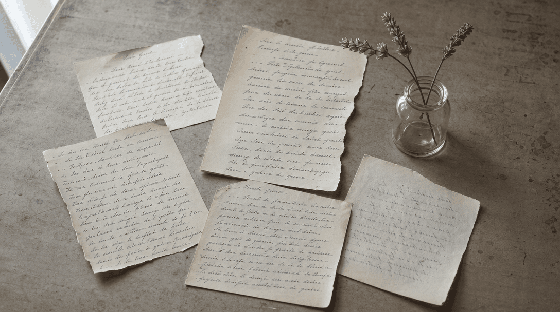 Cahier ouvert sur une table en bois clair, papier crème, ambiance feutrée