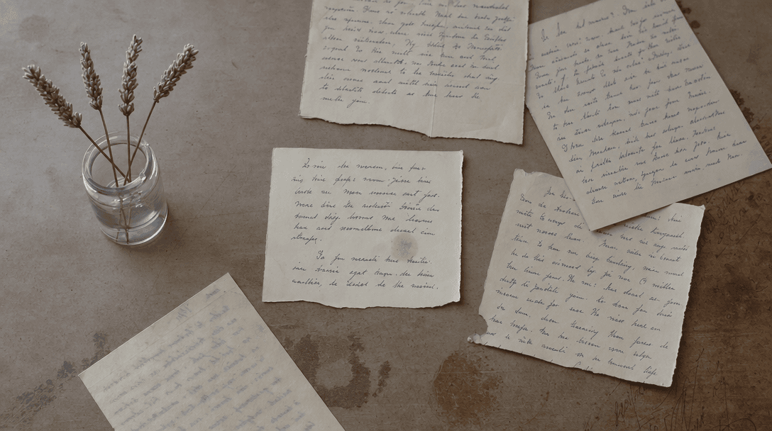 Cahier ouvert sur une table en bois clair, papier crème, ambiance feutrée
