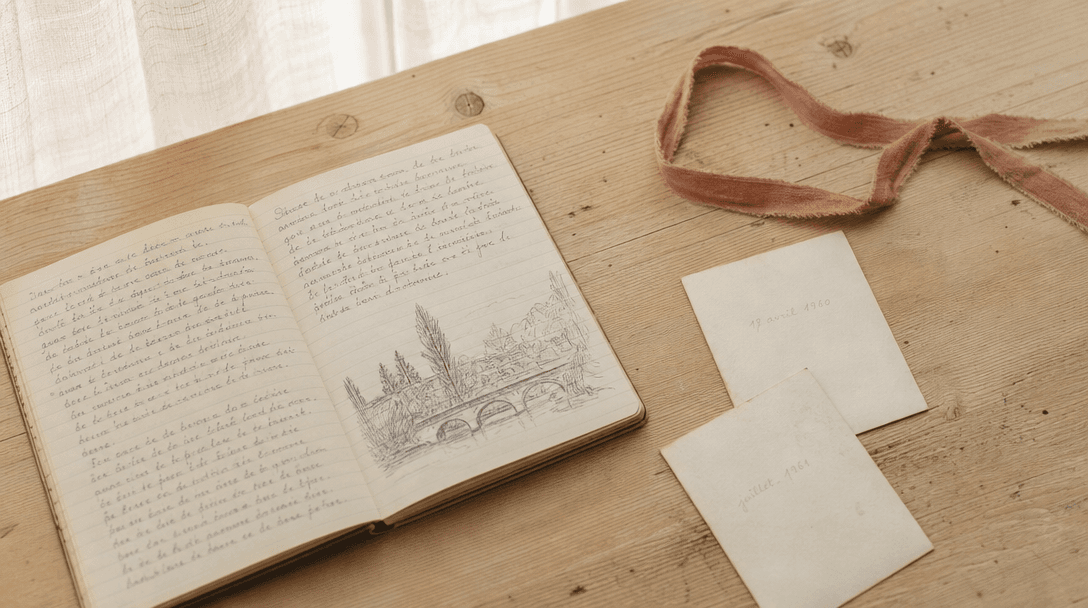 Cahier ouvert sur une table en bois clair, papier crème, ambiance feutrée