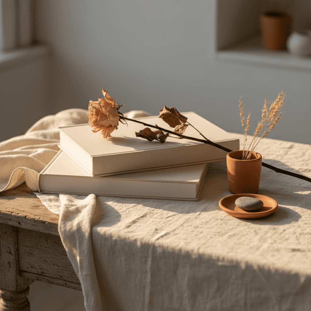 Livre relié posé sur une table en bois, lumière douce, ambiance éditoriale
