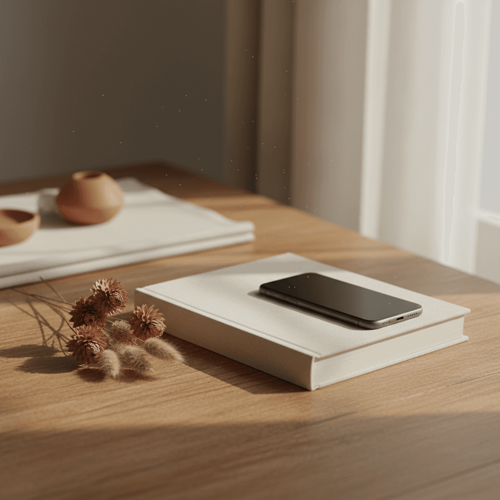 Livre relié ouvert sur une table en bois, pages crème avec récit chapitré et bulles Messenger intégrées