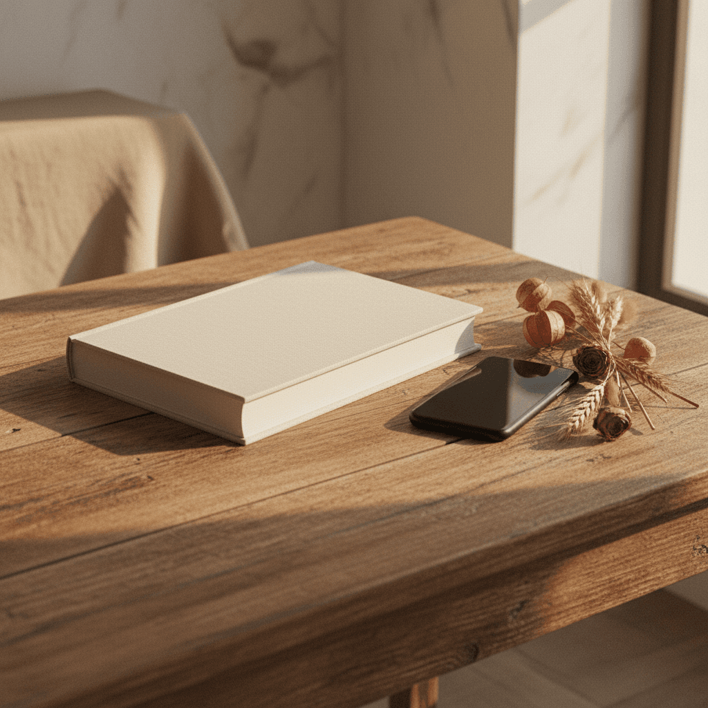 Téléphone posé sur une table, écran avec une messagerie ouverte — lumière douce et ambiance apaisée