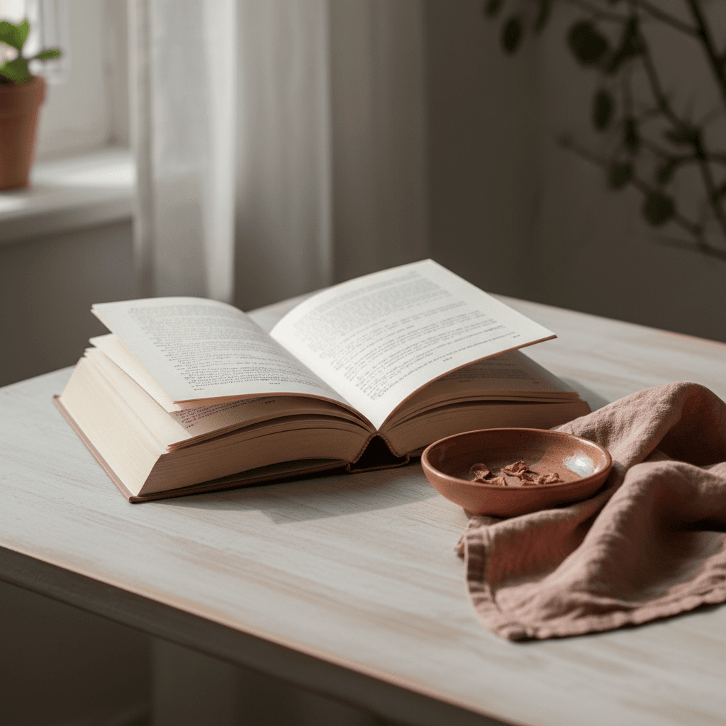 Livre ouvert sur une table en bois clair près d’une fenêtre, ambiance feutrée