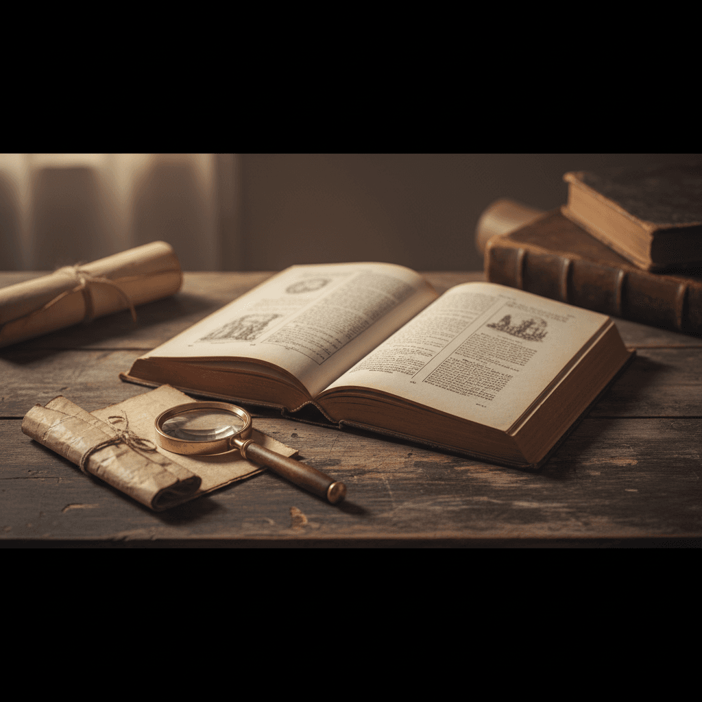 Livre ouvert sur un bureau en bois avec une loupe et une note pliée — ambiance nostalgique
