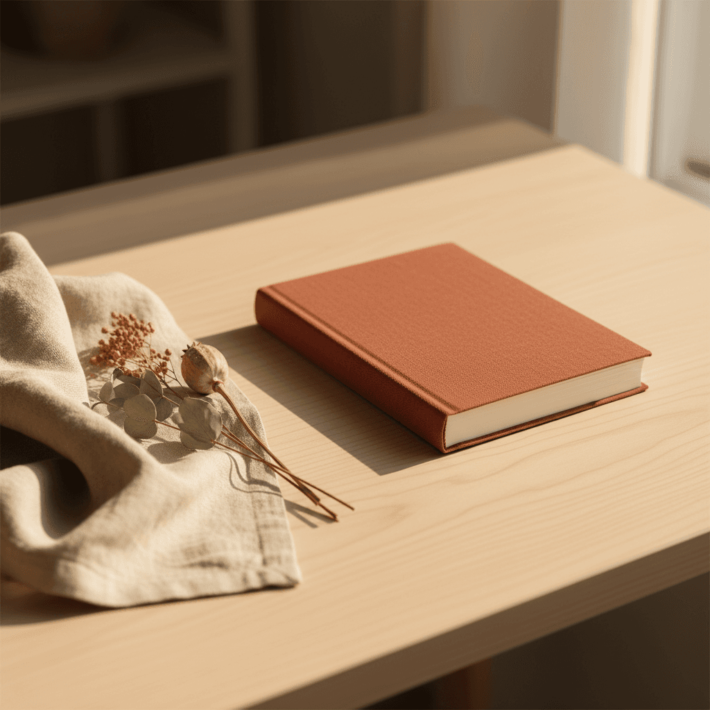 Carnet relié posé sur un bureau de bois clair, papier crème, ambiance feutrée — aucune main, aucun téléphone visible