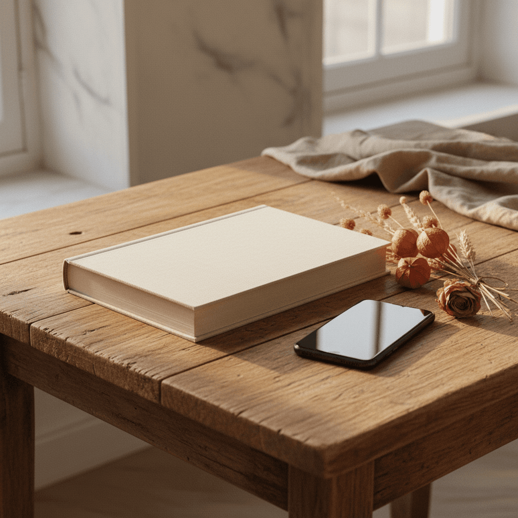 Album relié ouvert sur une table en bois, page chapitre avec bulles de messages intégrées, ambiance feutrée