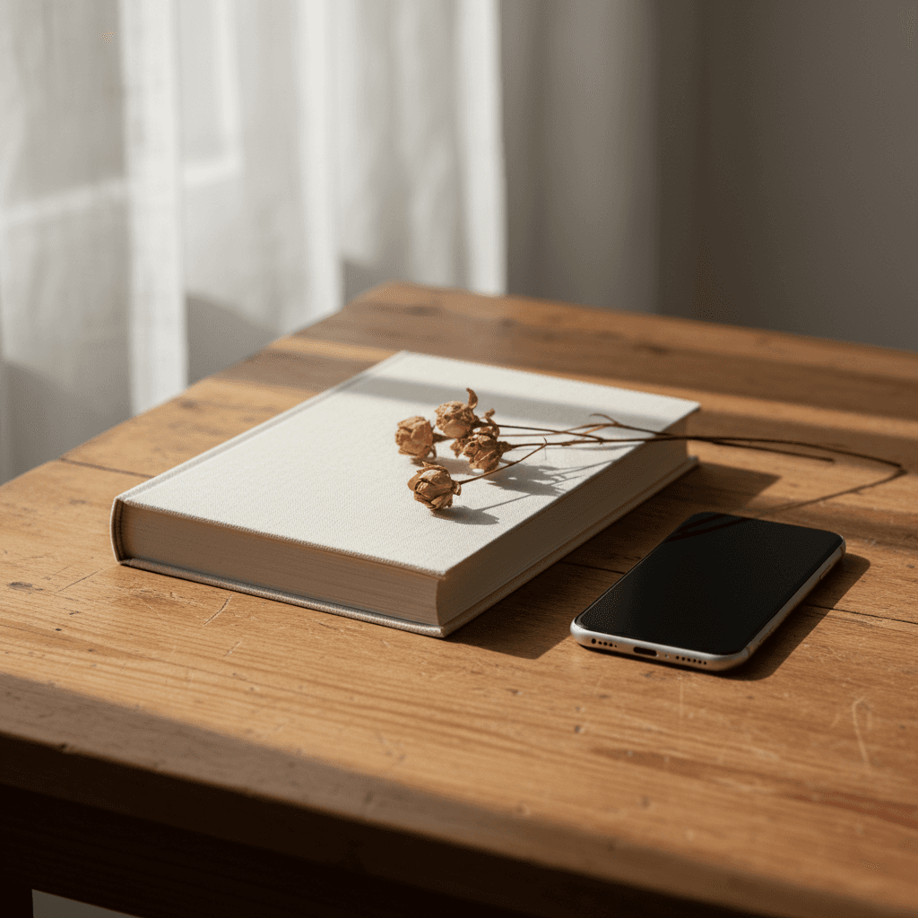 Livre relié posé sur une table en bois clair, papier crème, ambiance feutrée