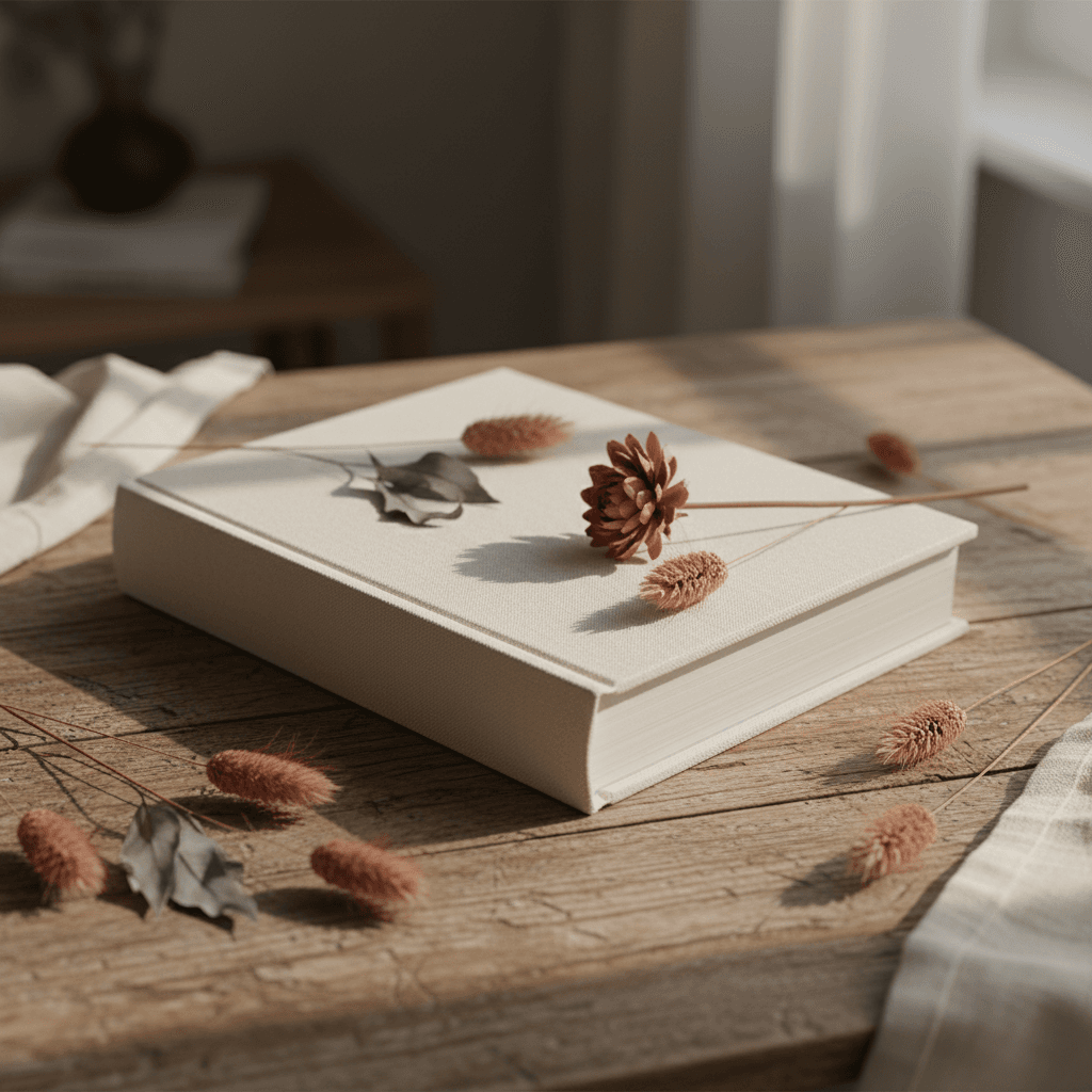 Livre relié de conversations posé sur une table en bois, papier crème, lumière éditoriale