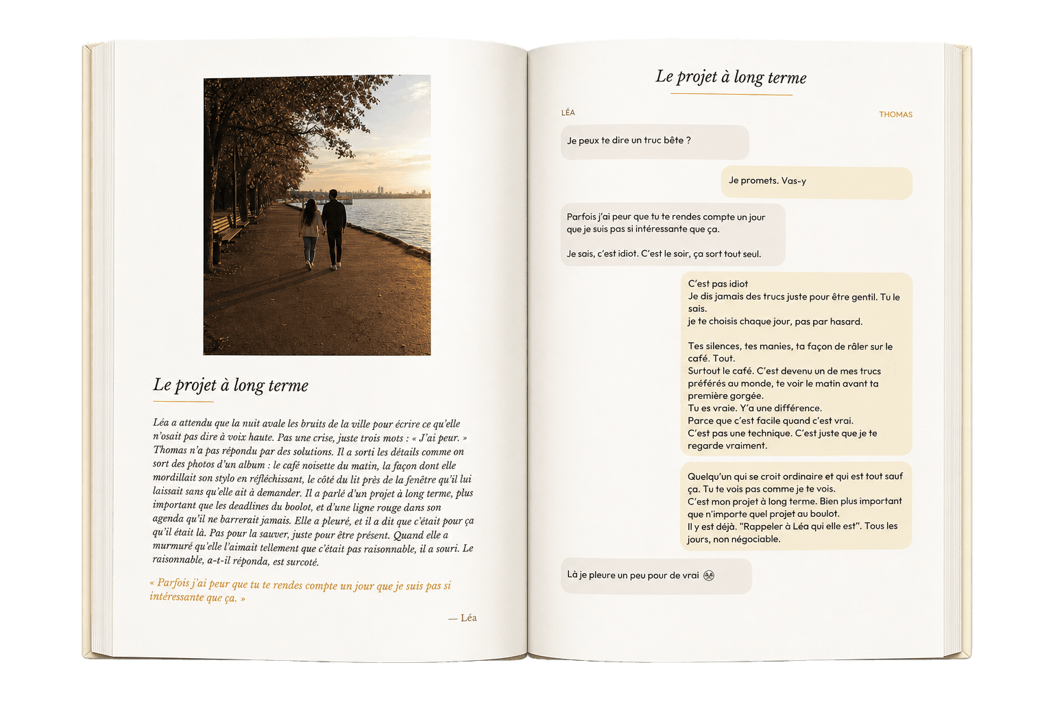 Livre personnalisé ouvert montrant un récit et des messages de couple