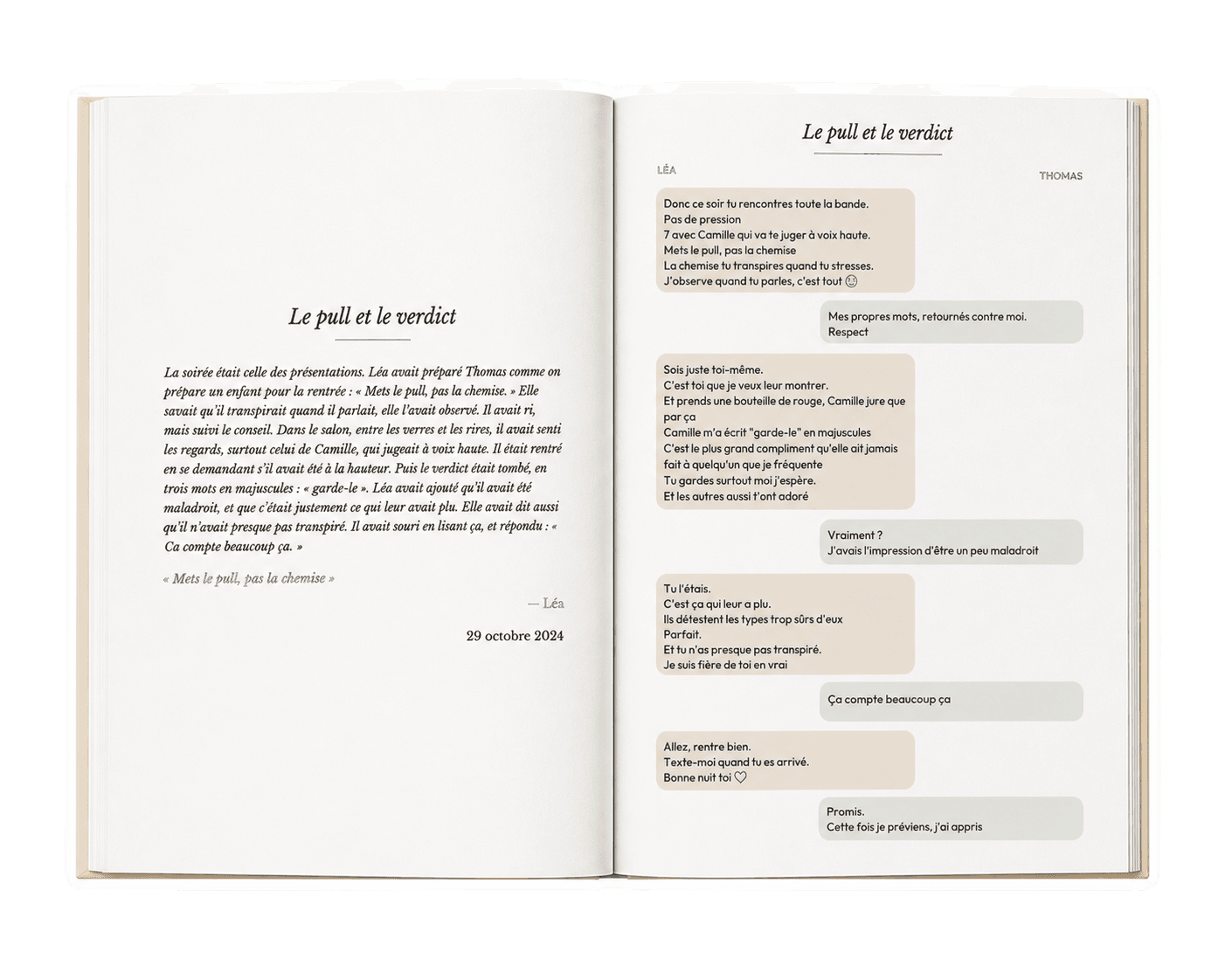 Livre personnalisé ouvert montrant un récit et des messages de couple