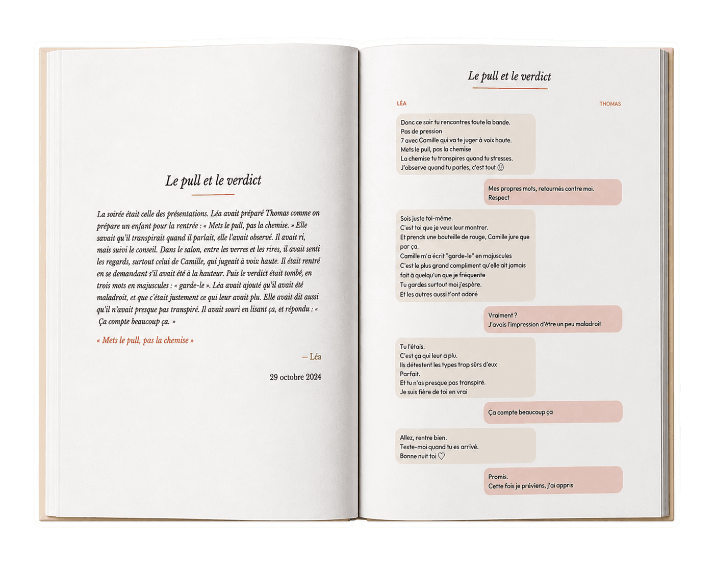 Livre personnalisé ouvert montrant un récit et des messages de couple