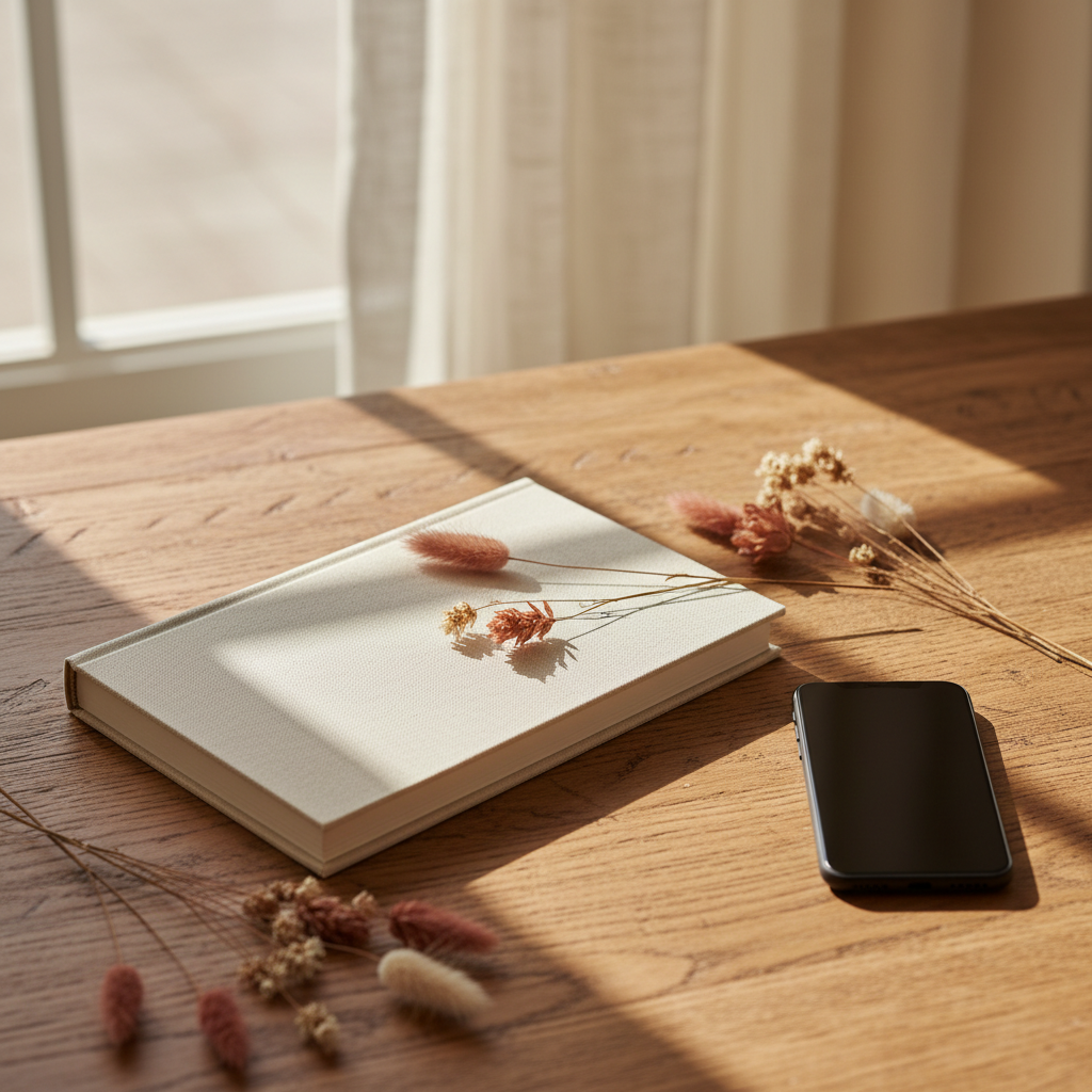 Album de couple ouvert sur une table en bois, palette terracotta, papier crème