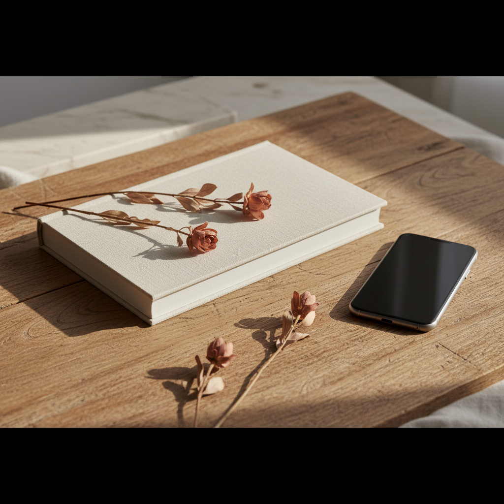 Album relié ouvert sur une table en bois clair, pages crème avec bulles de messages Instagram imprimées