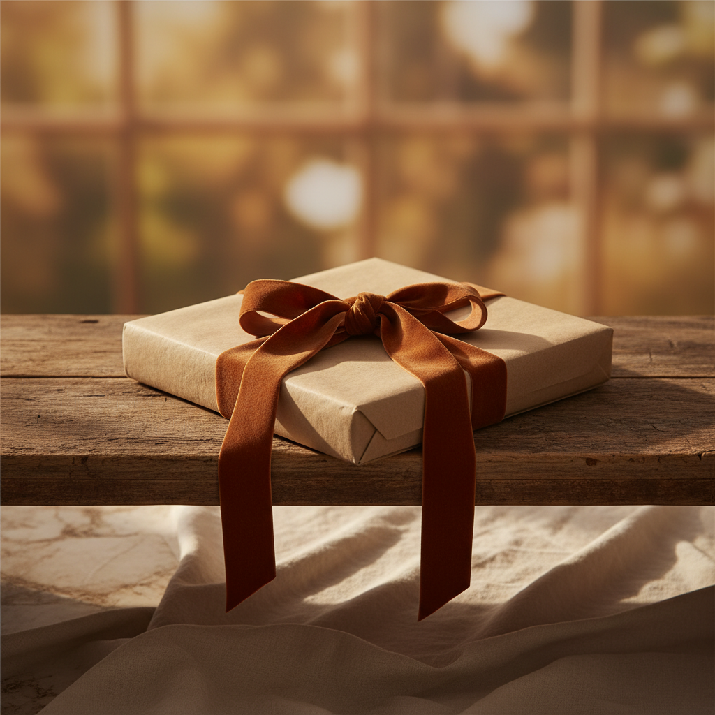 Femme souriante tenant un cadeau emballé dans du papier kraft avec un ruban doré, lumière naturelle