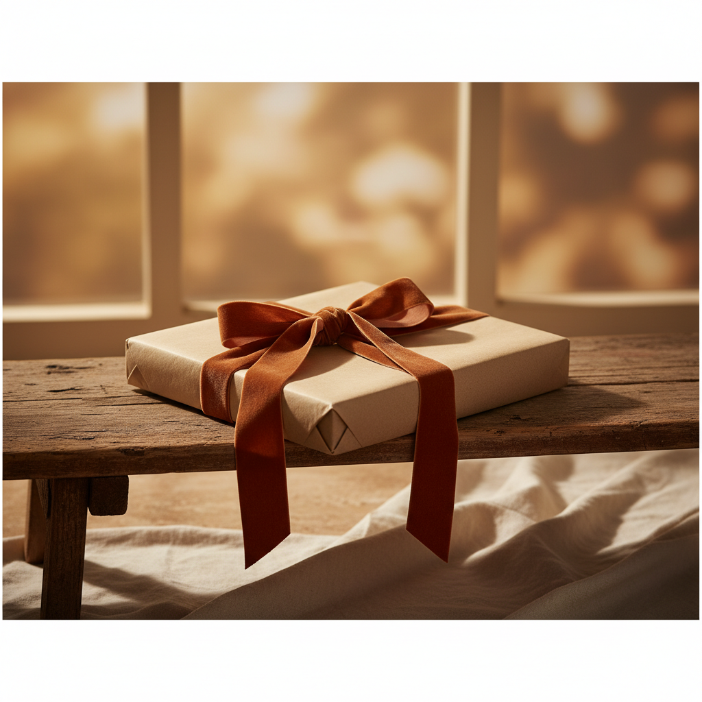 Livre relié posé sur un bureau avec une tasse de café, ambiance chaleureuse pour un cadeau longue distance
