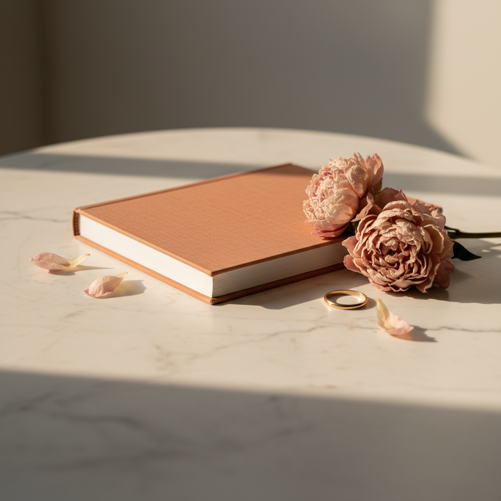 Deux coupes de champagne et un livre relié sur une table dressée, lumière chaude, ambiance fête
