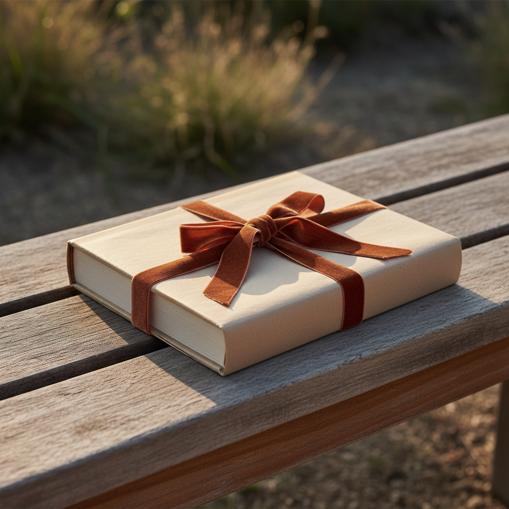 Paquet cadeau élégant emballé dans du papier kraft avec un ruban terracotta, fond blanc chaleureux