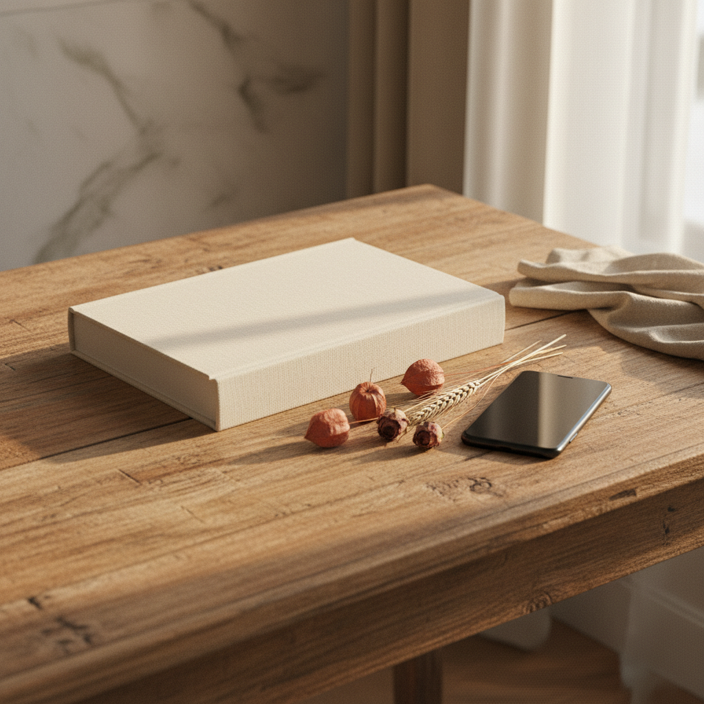 Livre relié posé sur une table en bois clair, lumière douce du matin, ambiance feutrée