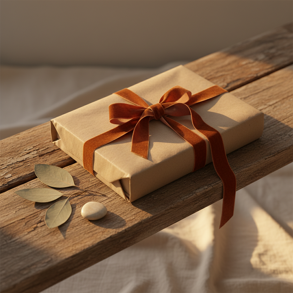 Livre relié posé sur une table en bois clair, lumière douce, ambiance feutrée d'intérieur
