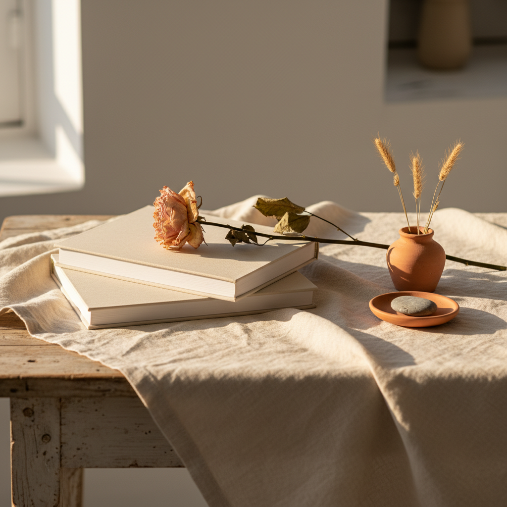 Livre relié posé sur une table en bois clair, lumière douce, ambiance papier et encre