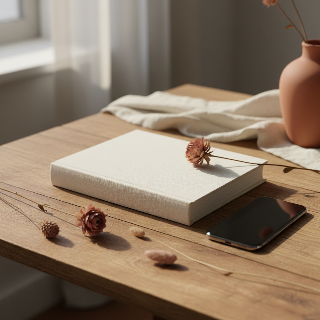 Téléphone Xiaomi posé sur une table avec l'application WhatsApp ouverte, fond neutre