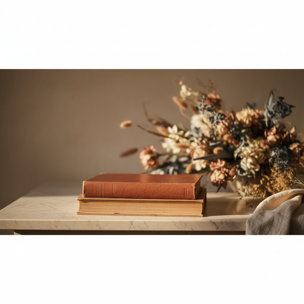 Album photo ouvert sur une table, photos de couple disposées avec soin, lumière douce de fenêtre
