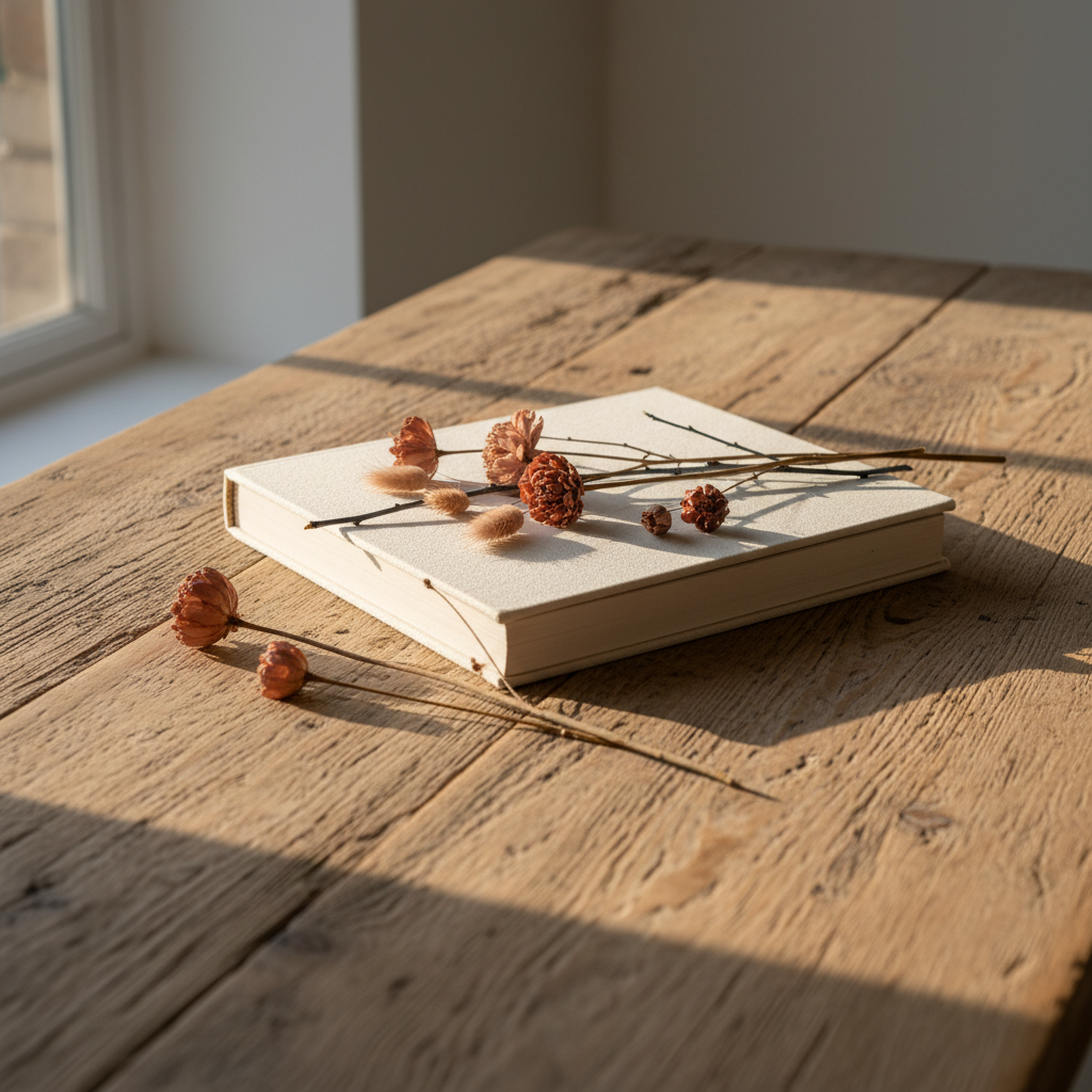 Livre relié bleu marine ouvert sur une table de famille en bois, avec des photos posées à côté