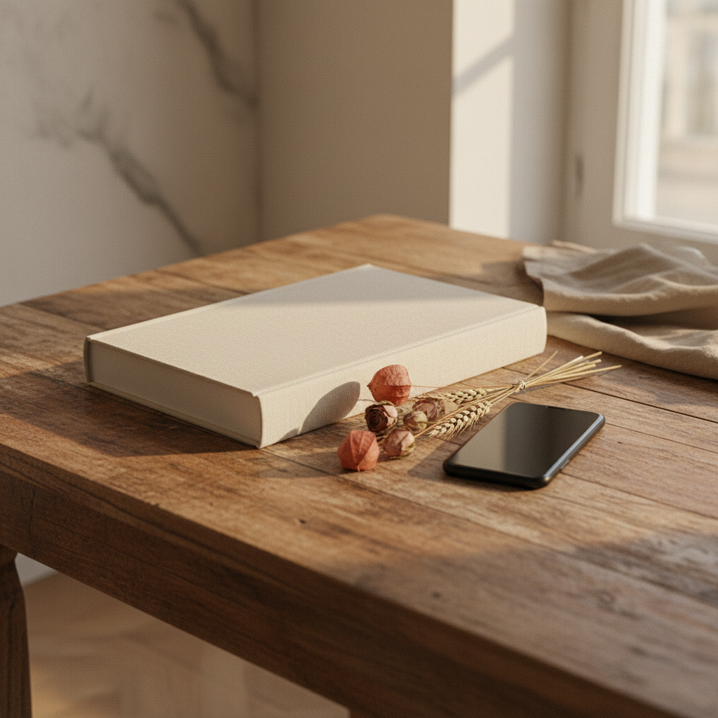 Livre relié ouvert sur une table, avec captures de DM Instagram d'un couple en regard