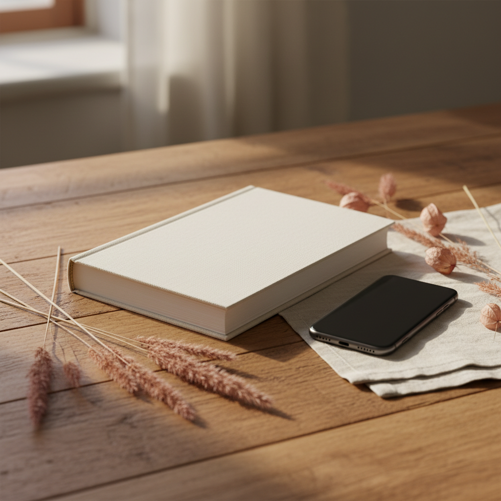 Livre relié ouvert sur une table en bois clair, papier crème, encre noire, ambiance feutrée